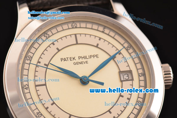 Patek Philippe Calatrava Swiss ETA 2824 Automatic Steel Case with Black Leather Strap Beige Dial - Click Image to Close